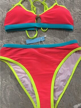 SHEIN Coral Bikini with Neon Yellow Trim and Teal Band